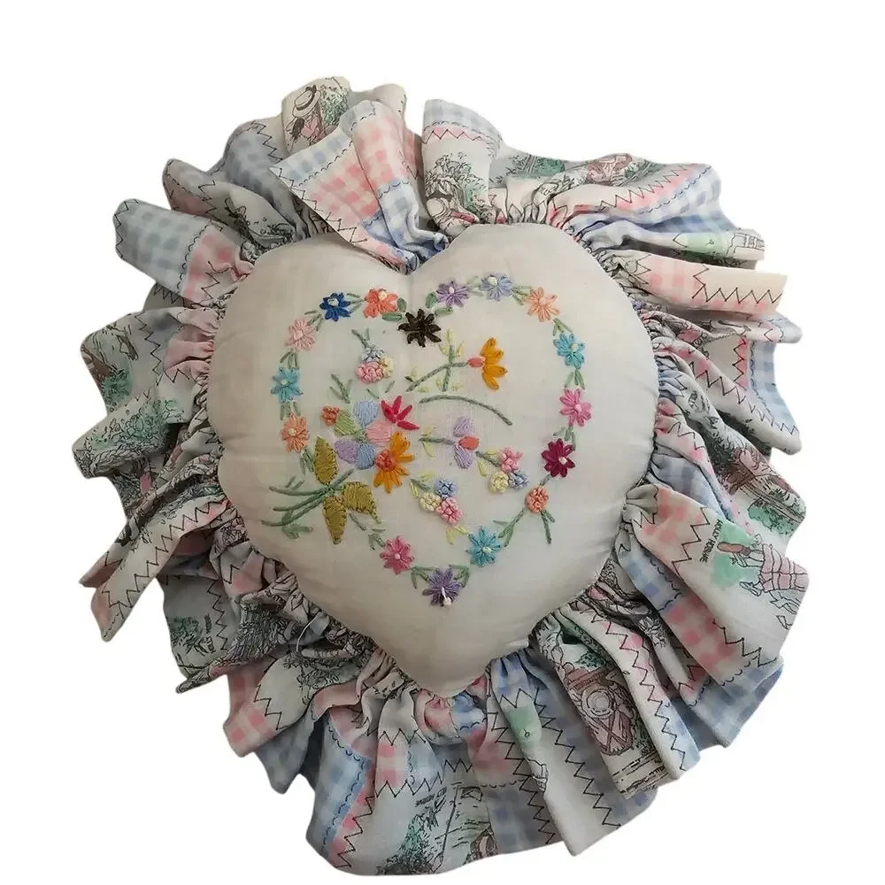 Vintage Floral Needlepoint Heart Patchwork Pillow Pink Cottage Grandmacore Decor